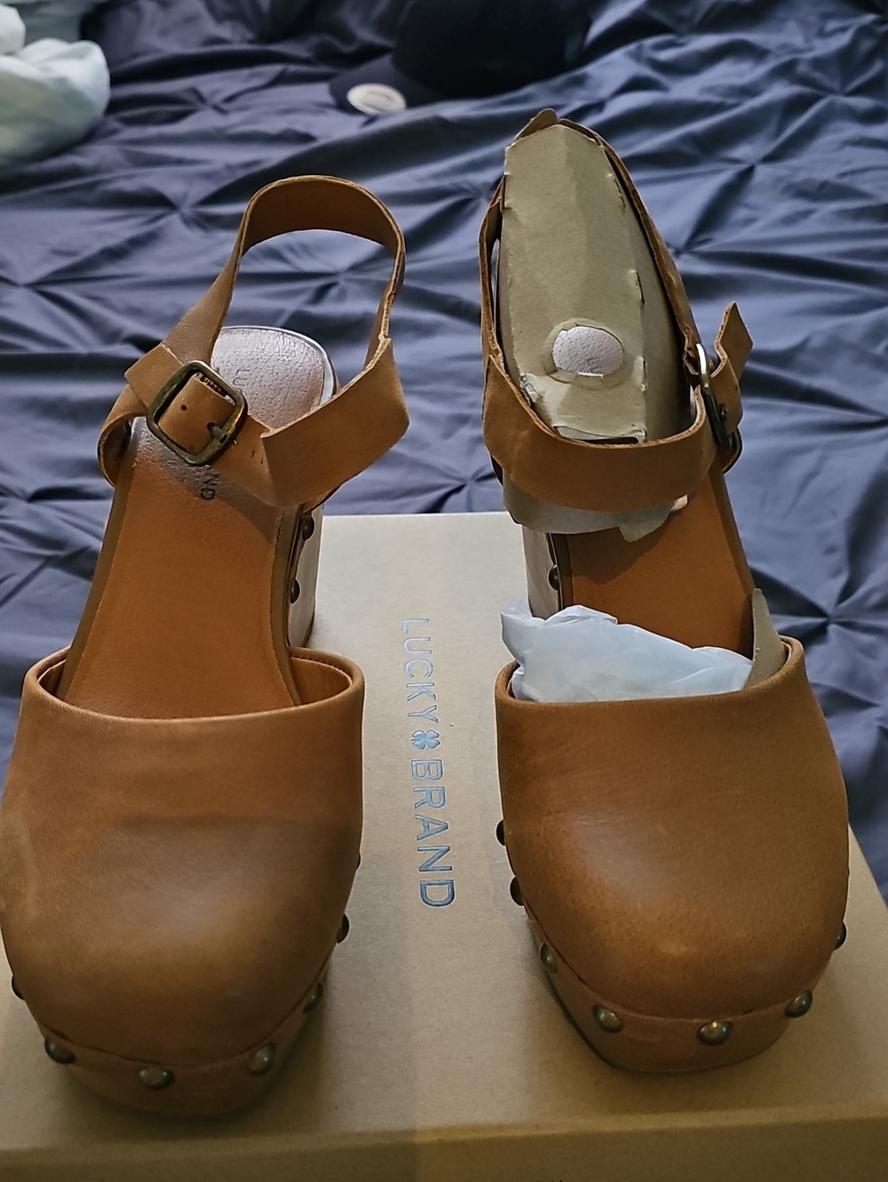 Lucky Brand Cognac Brown Leather Platform Clog Sandals with Buckle